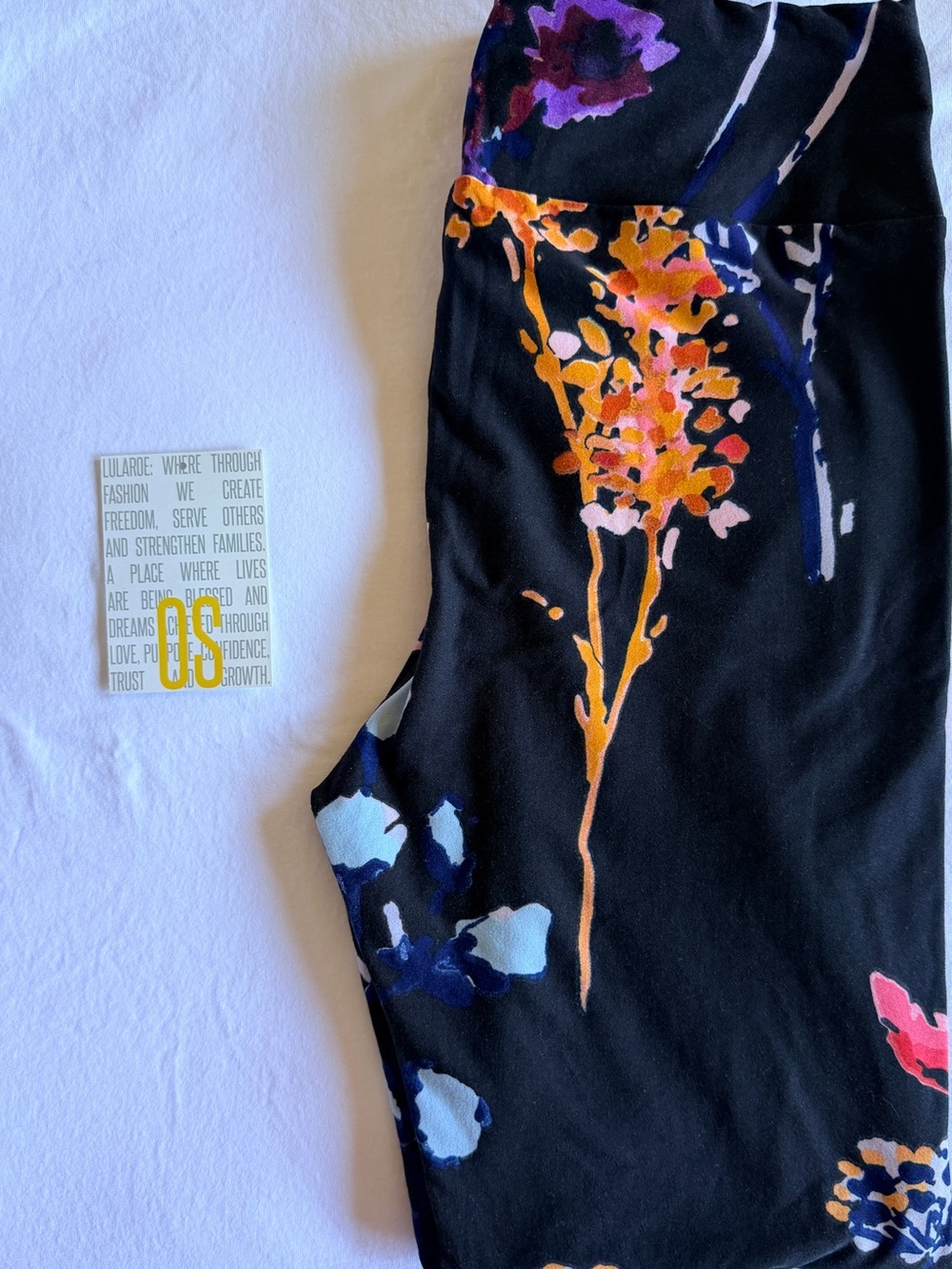 LuLaRoe Black Floral Print Leggings with Orange & Purple Accents